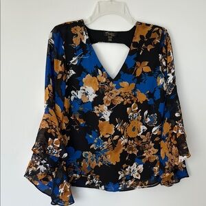 Women's Floral V-Neck Top - Black and Blue